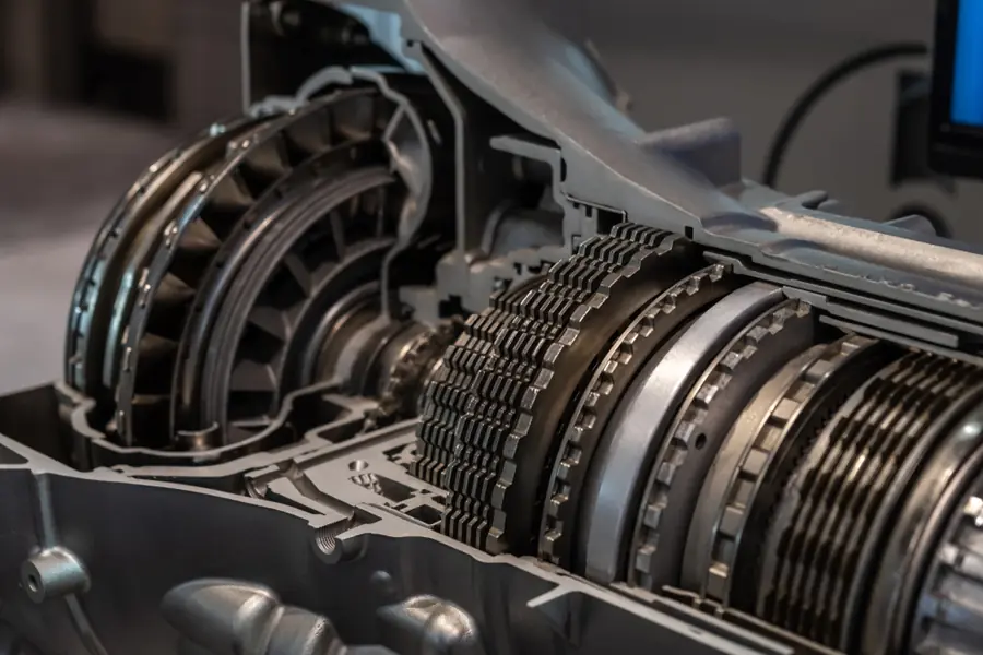 Close-up of clutch plate components removed for inspection during a repair.