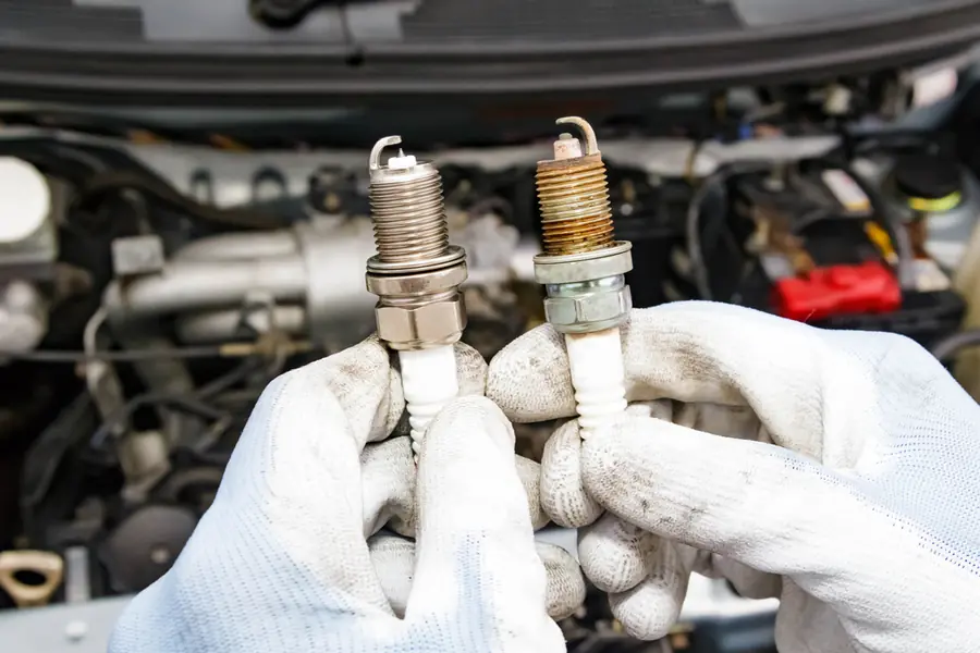 Close-up of spark plugs held in a gloved hand.