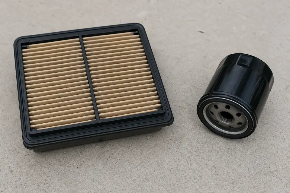 Engine air filter and oil filter on a bench