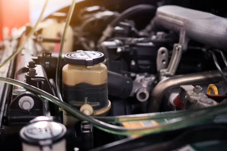 Close view of an open engine bay showing fluid reservoirs and hoses during a mechanical inspection.